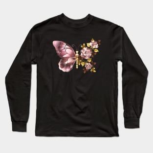 Flower Butterfly with Pink Gold Roses without blue leaves Long Sleeve T-Shirt